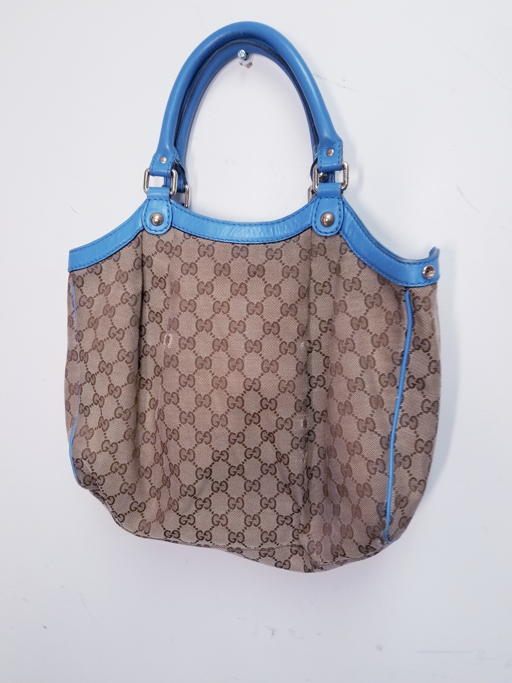 Gucci Monogram Canvas Tote with Blue Leather Trim - Picture 2 of 11